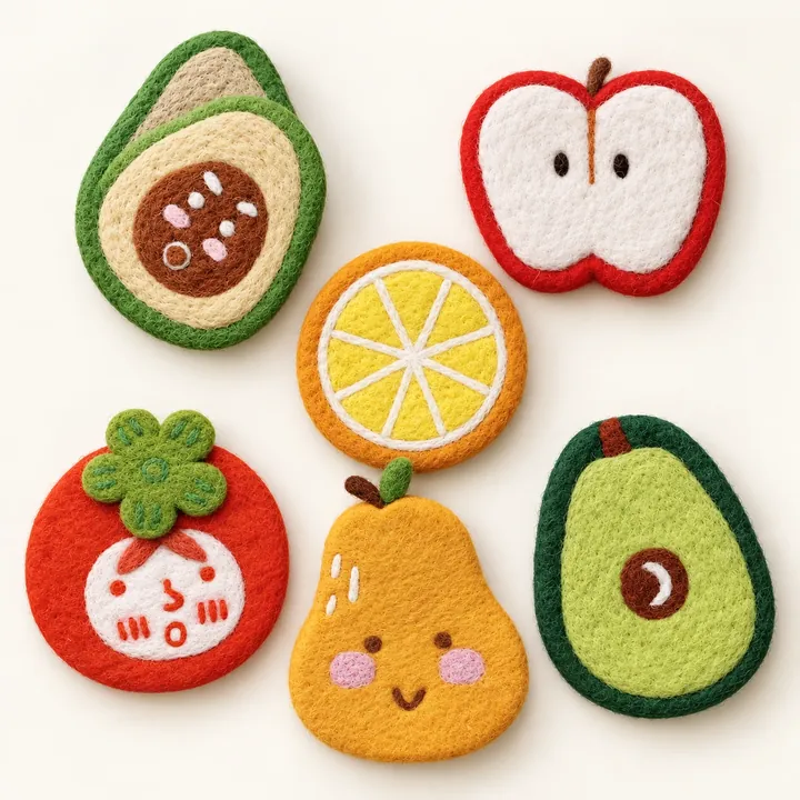 AI studio recreation: Fruit coasters in handmade wool felt on a warm ivory background