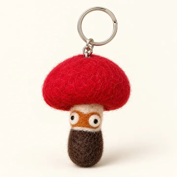 AI studio recreation: Mushroom keychain in handmade wool felt on a warm ivory background