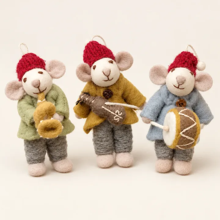 AI studio recreation: Musical mice in handmade wool felt on a warm ivory background