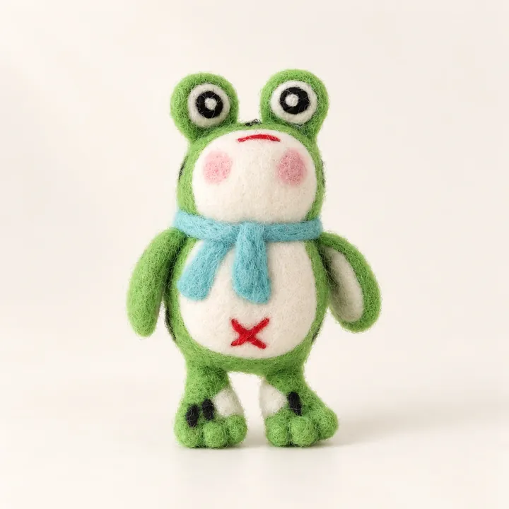AI studio recreation: Scarf frog keychain in handmade wool felt on a warm ivory background