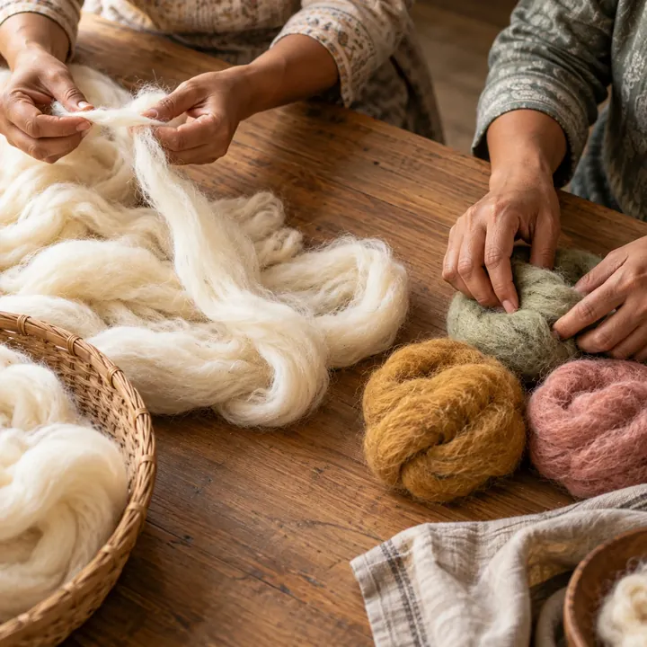 AI workshop illustration of women’s hands preparing ivory wool and colored felt bundles; no faces are shown