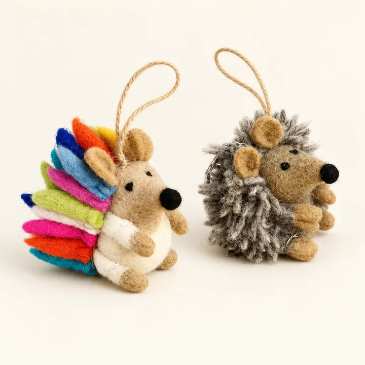 AI studio recreation: Woodland hedgehogs in handmade wool felt on a warm ivory background